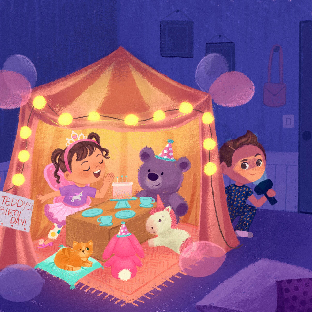 Untitled Illustration of a little girl in a tent having a tea party with her stuffed animals. Her brother is hiding with a flashlight behind her.
