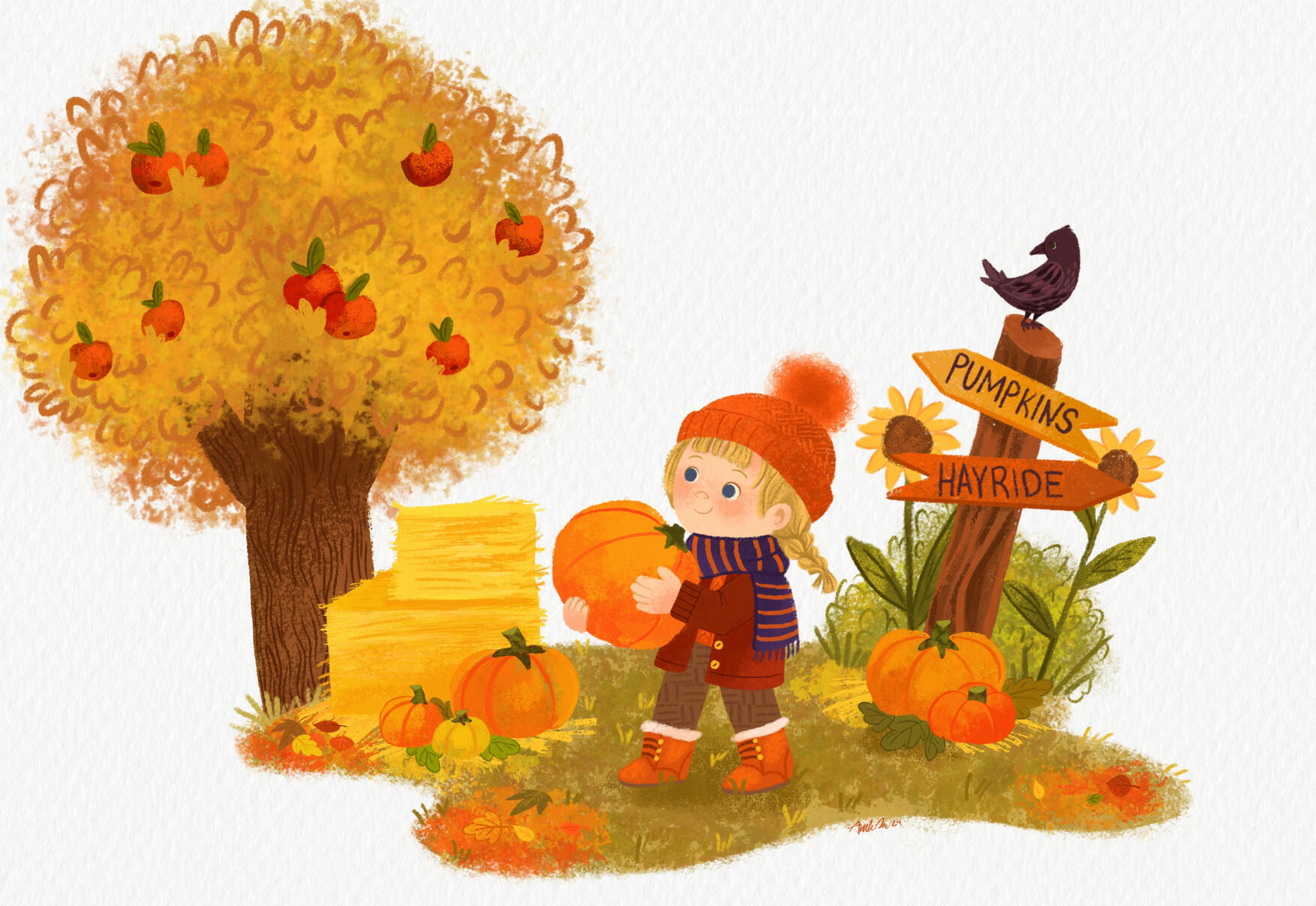 Untitled Illustration of little girl in a pumpkin patch holding a big pumpkin. Sign in background with crow on top that reads Pumpkins and Hayride.