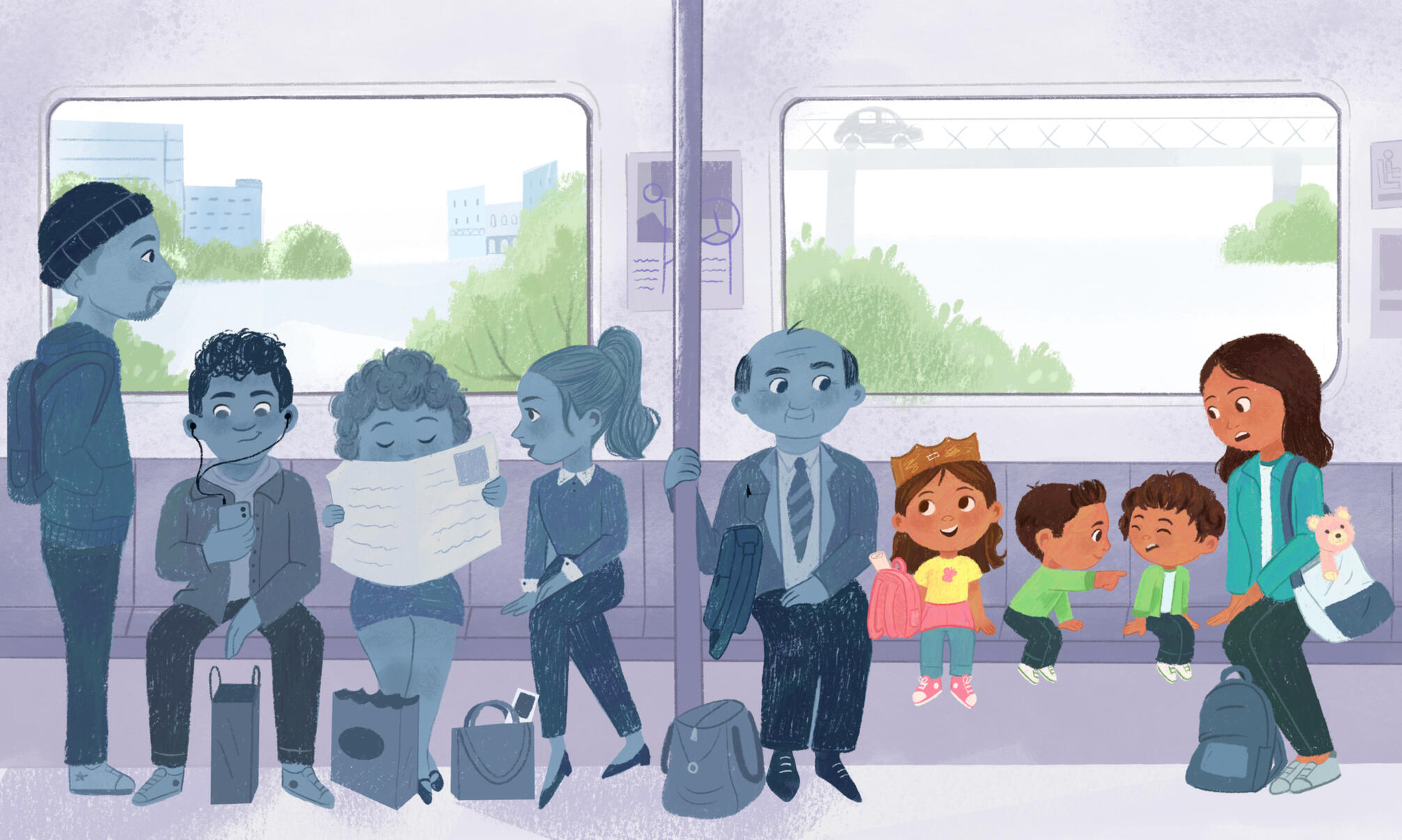 Untitled Illustration of little girl and her family on a busy bus next to an older man.