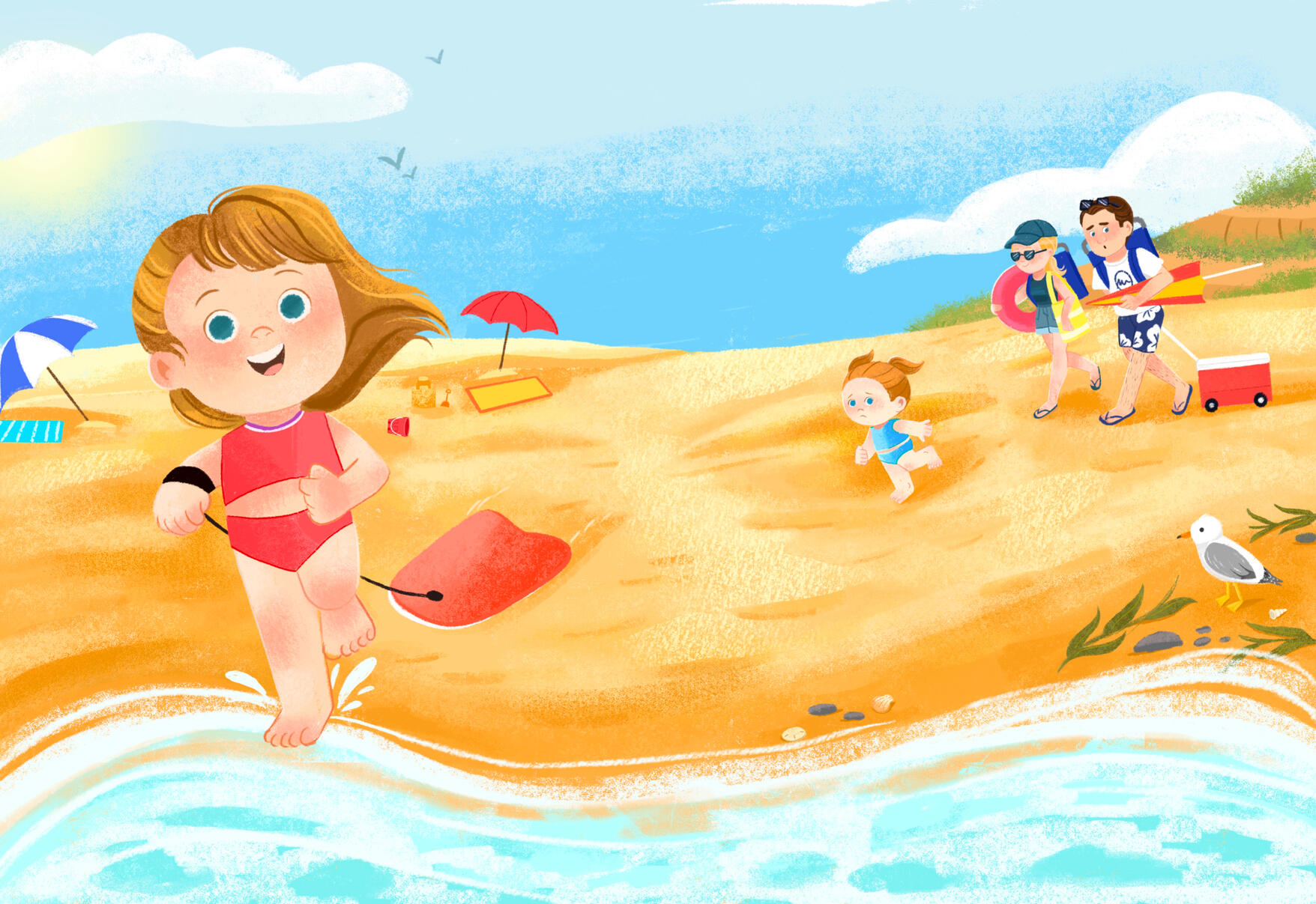 Untitled Illustration of little girl running on the beach with her boogie board. Her family behind her.