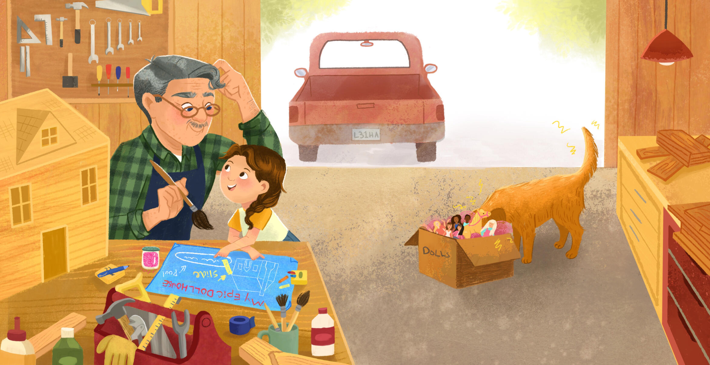 Untitled Illustration of a little girl with her grandfather building a dollhouse in his workshop in the garage.
