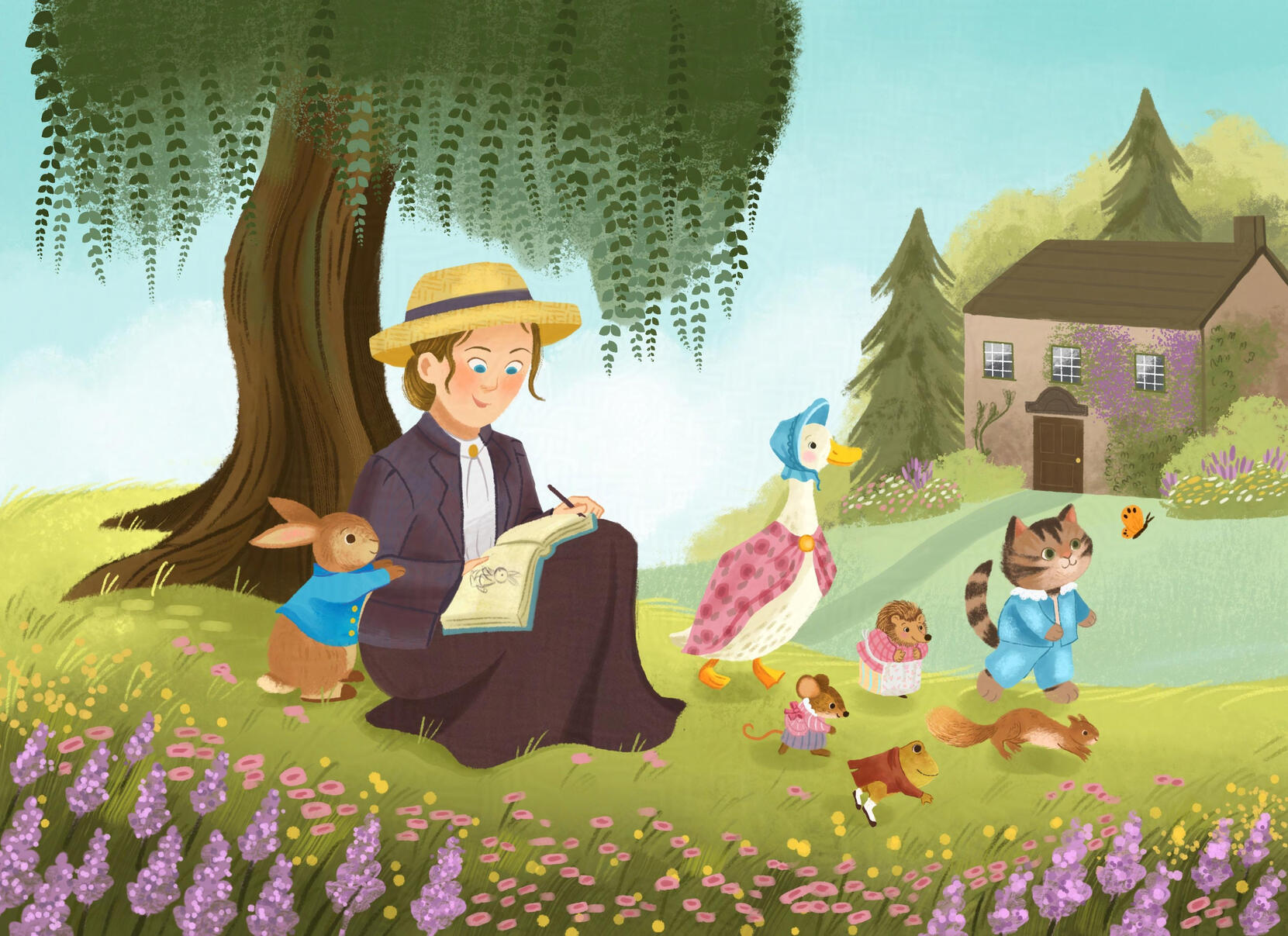 Untitled An illustration of Beatrix Potter under a weeping willow. With Peter Rabbit watching her sketch as the other characters run by. The background is her house covered in flowers