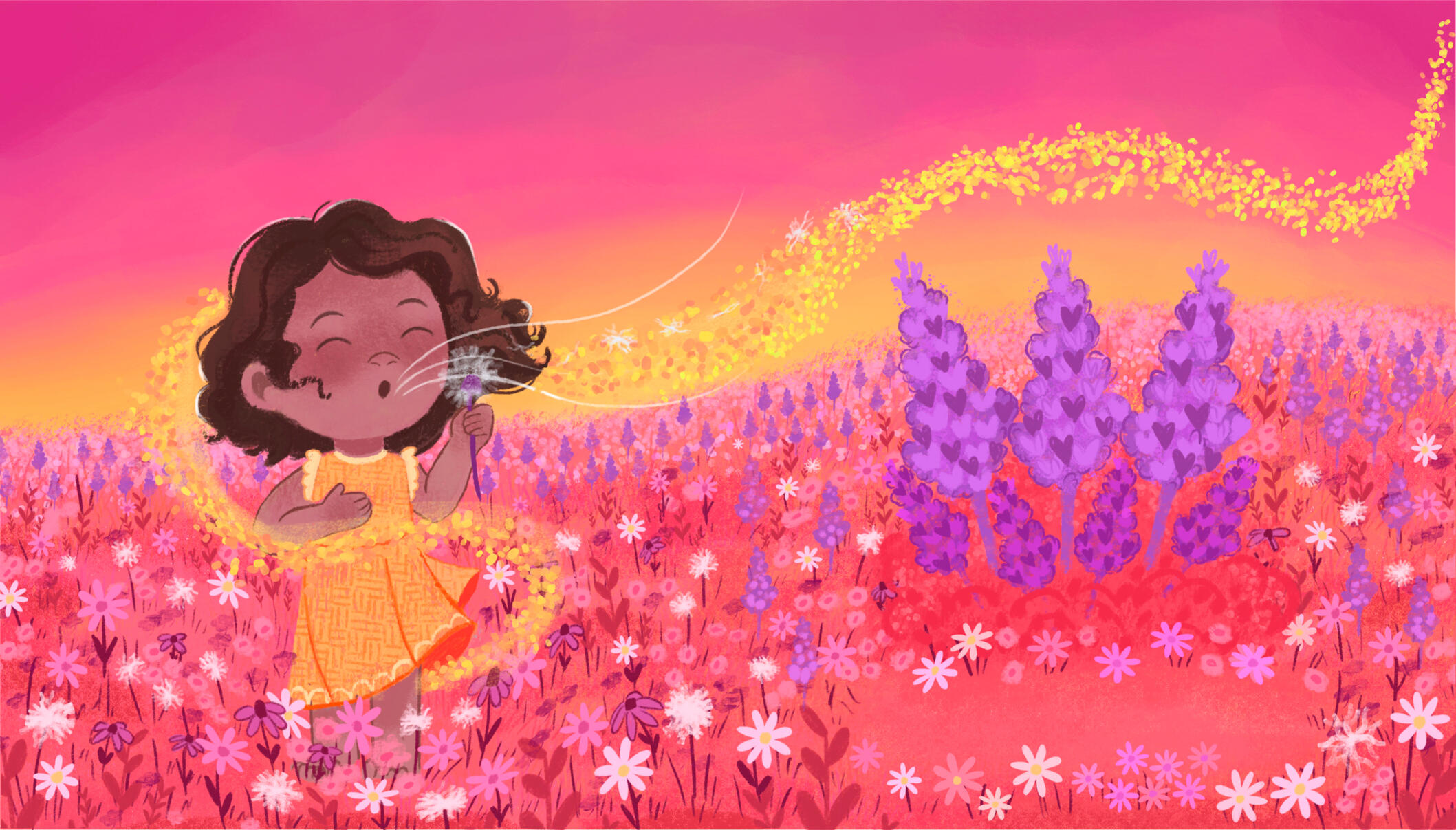 Untitled Illustration of little girl in an orange dress in a field of flowers.