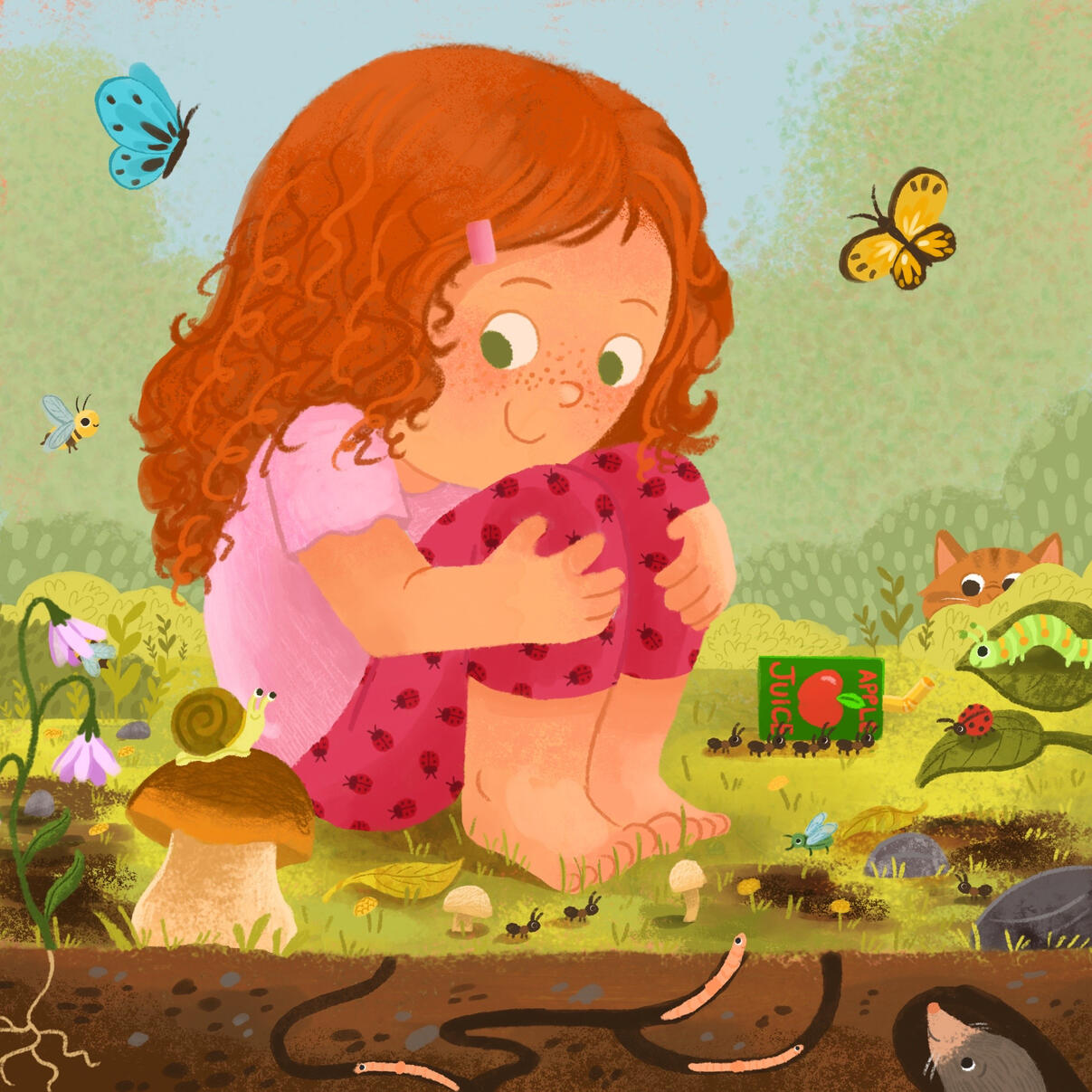 Untitled Illustration depicts a young girl with curly red hair and freckles, wearing a pink shirt and red shorts adorned with ladybugs. She is barefoot sitting on the ground, surrounded by various insects and animals.