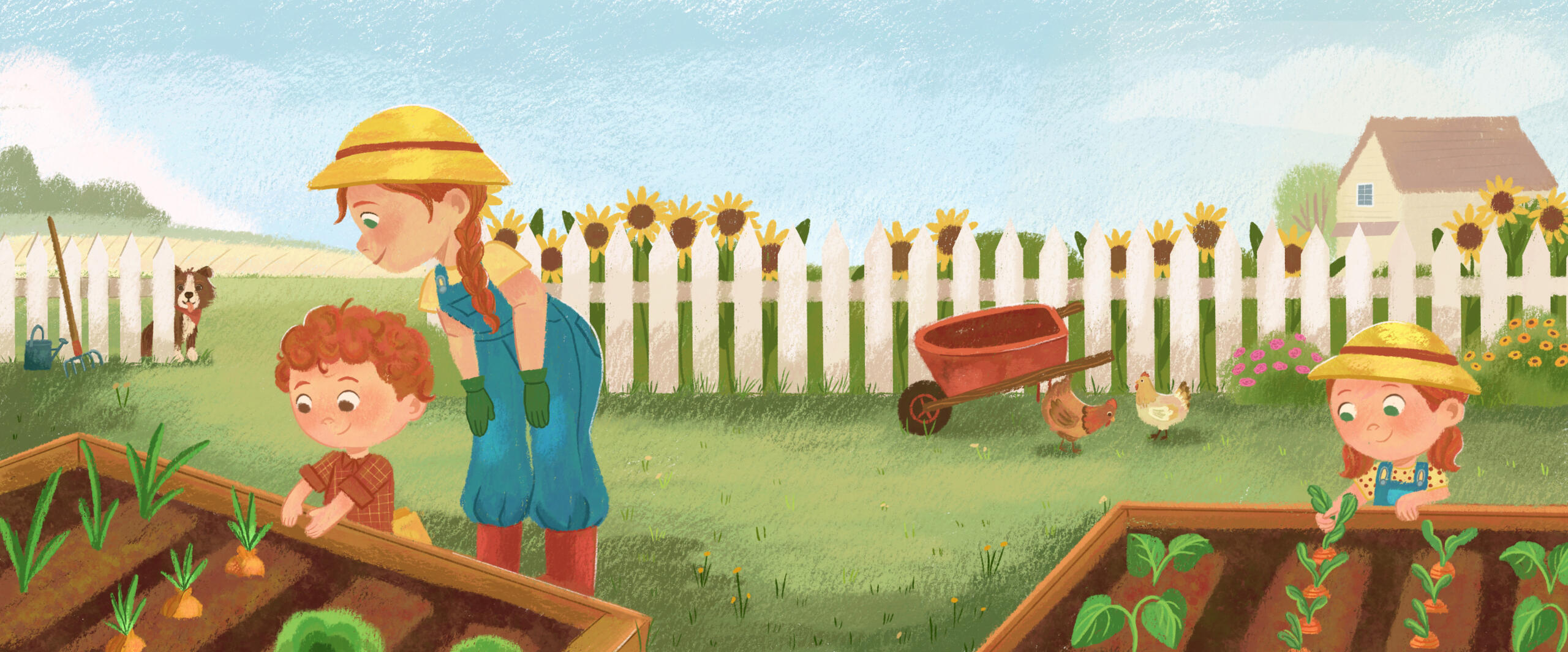 Untitled Illustration of kids gardening one boy, one girl, and their mom is helping.