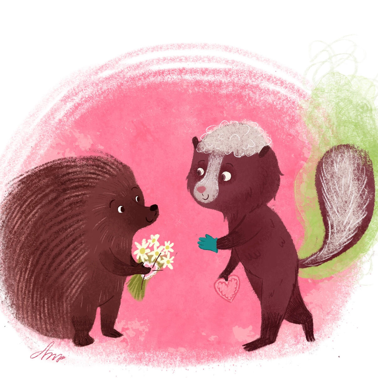 Illustration of Skunk giving a porcupine a valentine