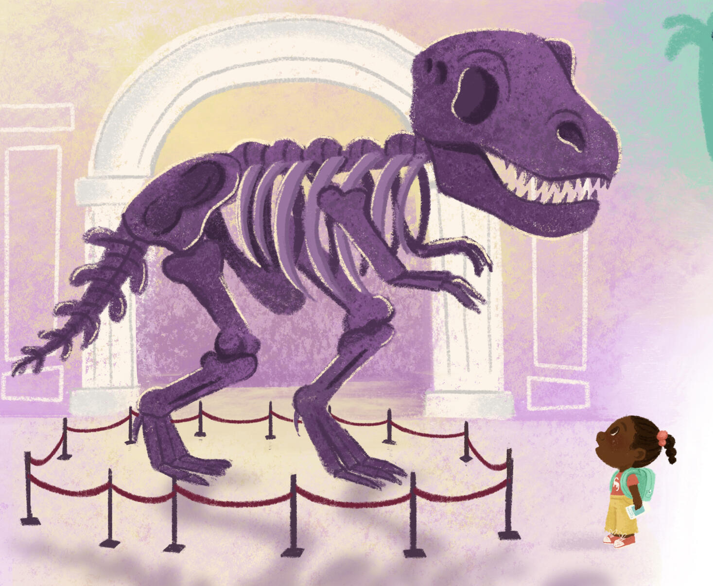 Illustration of little girl marveling at T-Rex skeleton while dreaming of being an explorer looking at dinosaurs.