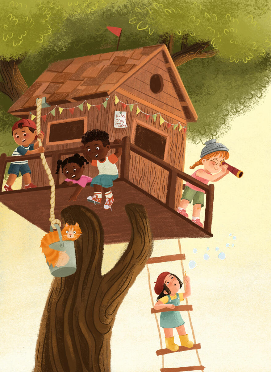 Illustration of kids in a treehouse bringing up an orange cat in a metal bucket.