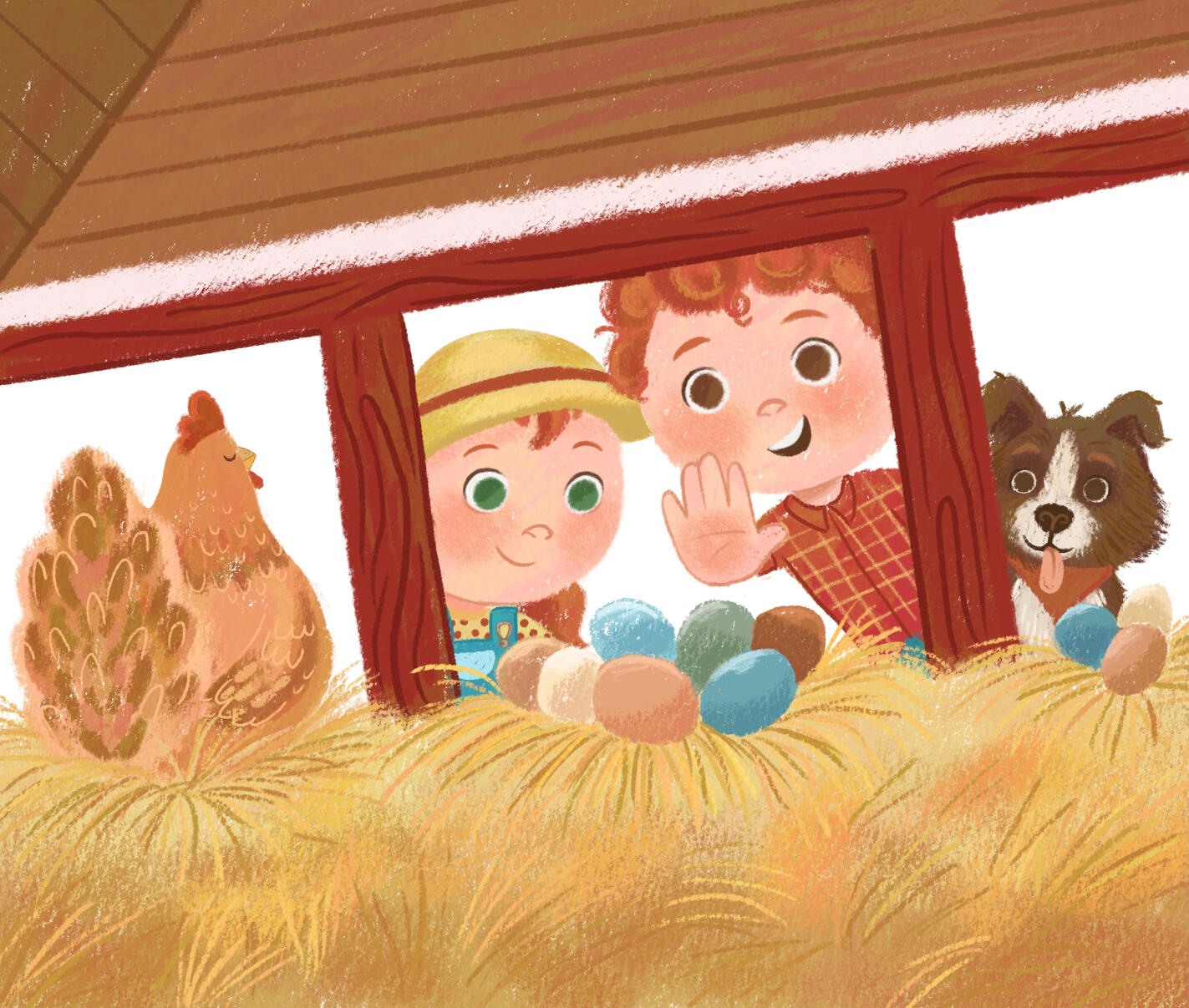 Untitled Illustration from "From the Farm, to Our Table" features kids, one boy, one girl, and a brown dog as they grab colorful eggs from the chicken coop.
