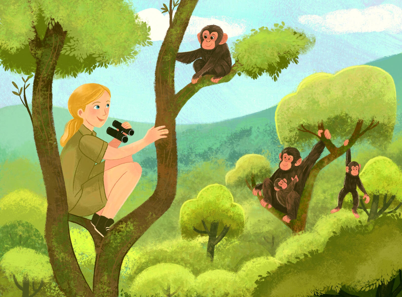 Untitled Illustration of Jane Goodall in the trees in a jungle observing Chimpanzees.