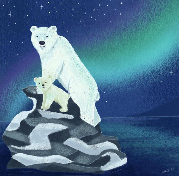 Untitled Illustration of mother polar bear and baby polar bear underneath a deep blue night sky with the Aurora borealis behind them.