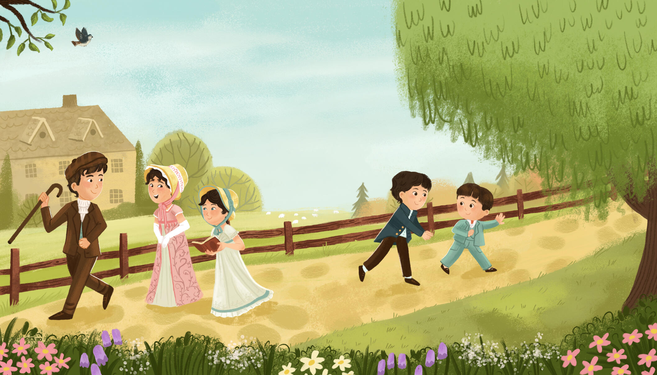 Untitled Illustration of Jane Austen's childhood she's walking through the countryside with her siblings her house in the background.