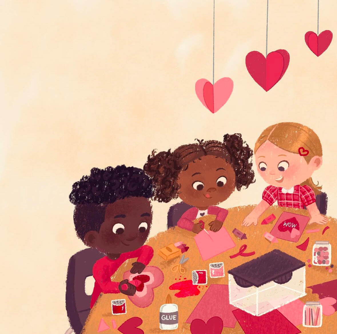 Untitled Illustration of 3 children making valentines.