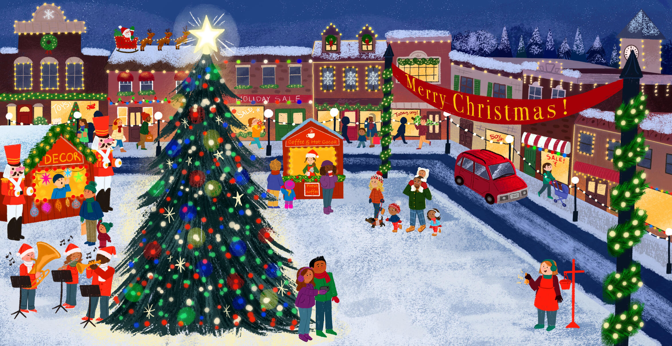 Untitled Illustration of a snowy town square with big Christmas tree. The town is bustling and glowing with christmas lights.