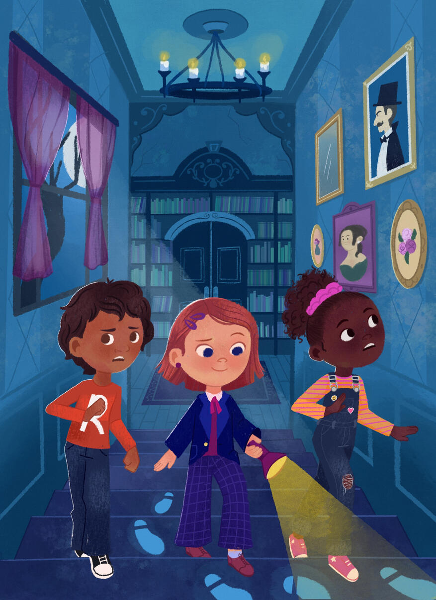 Untitled Illustration of kids in a haunted house. Middle child is holding a flashlight as the two next her trepidatiously follow.